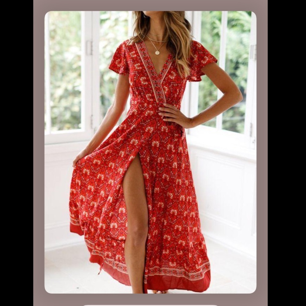 Bohemian Red Wrap Summer Maxi Dress